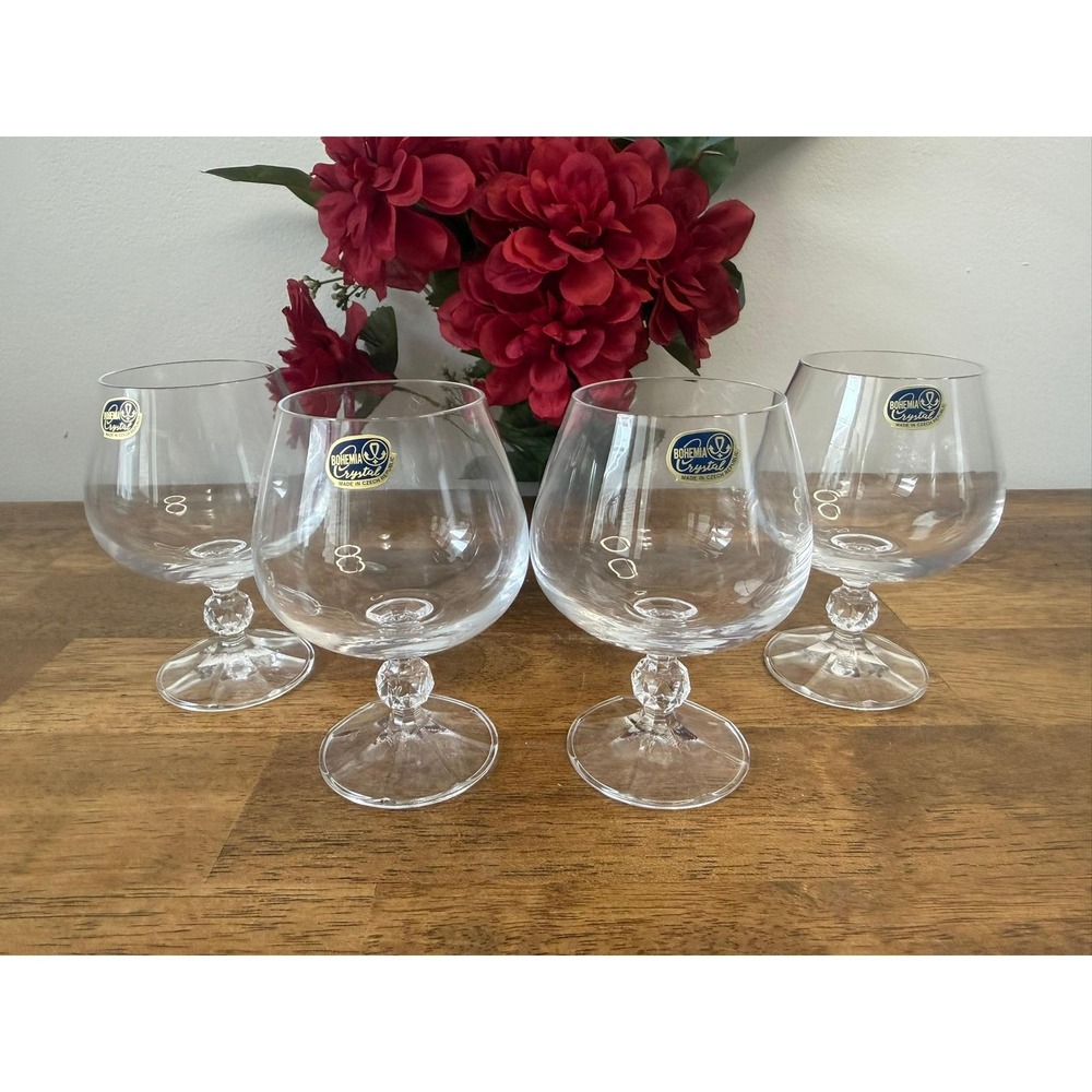 Vintage Bohemia Crystal Brandy Snifter Glasses Set 4 Czech 6oz Stemware Bar Cart